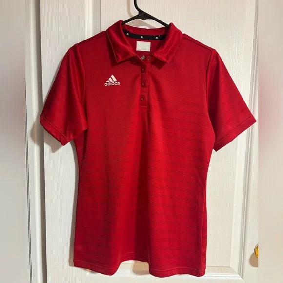 Men’s Adidas Striped Collared Embroidered Logo Red Polo Short Sleeve Top Medium - Picture 2 of 7